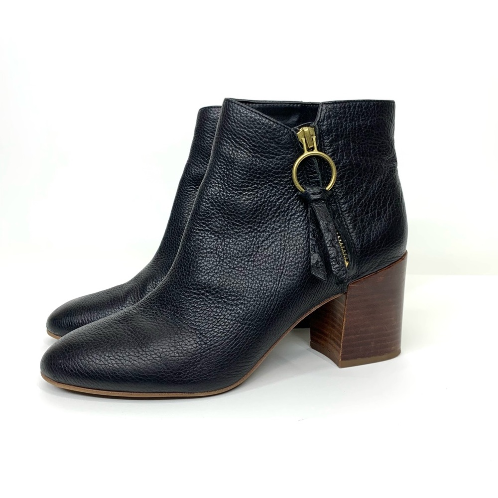 Franco Sarto Callahan Black Pebbled Leather Zippered Ankle Boots W/ Stacked Heel